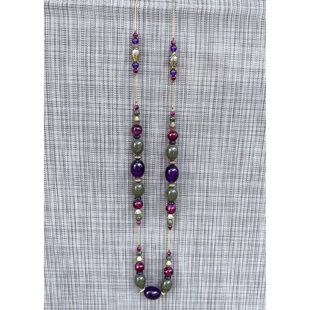 Womens Long Beaded Station Necklace Purple Green Burgundy Gold Tone Boho Jewelry